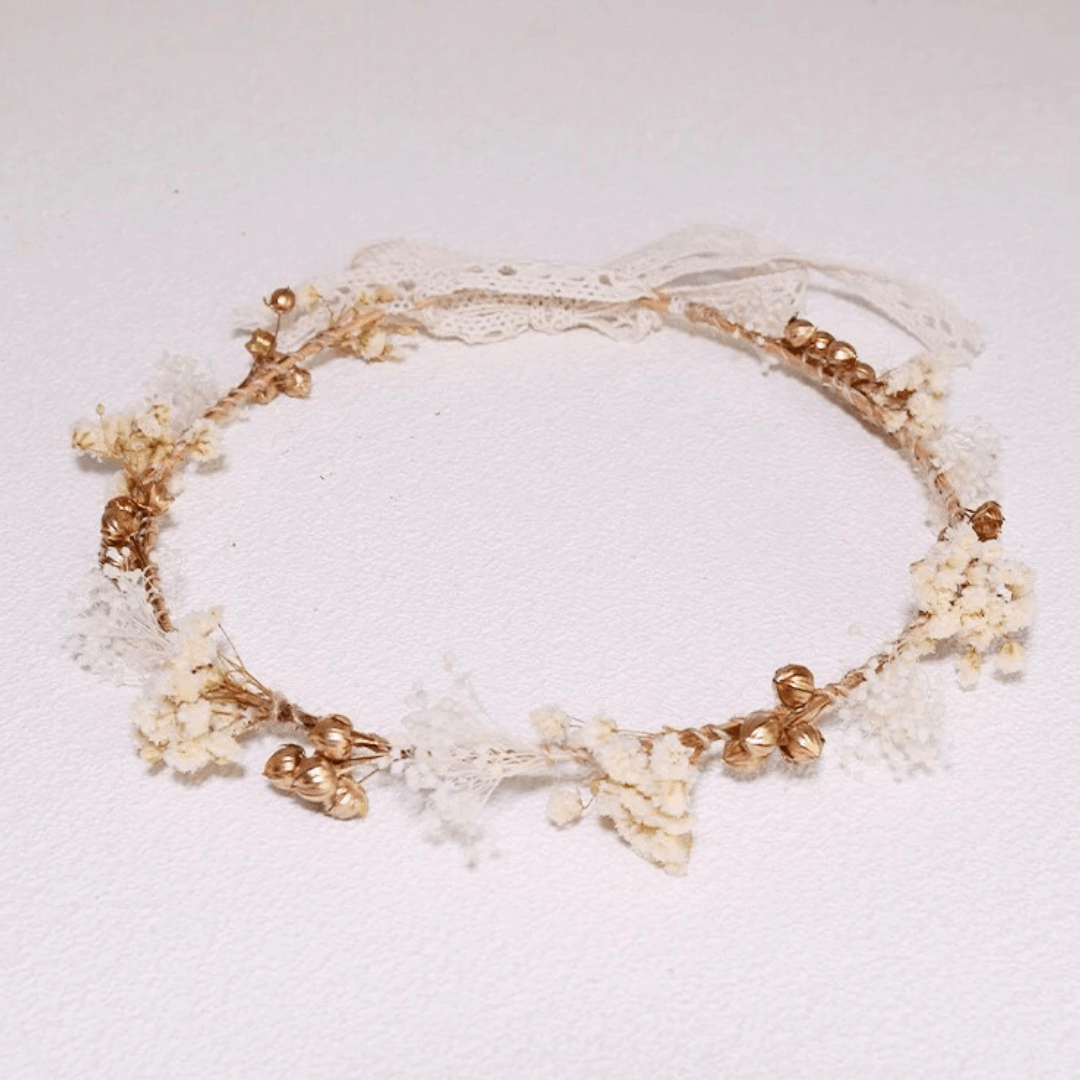 Couronne de Tête en Fleurs Séchées Dorée Maison Gaya Couronne de tête