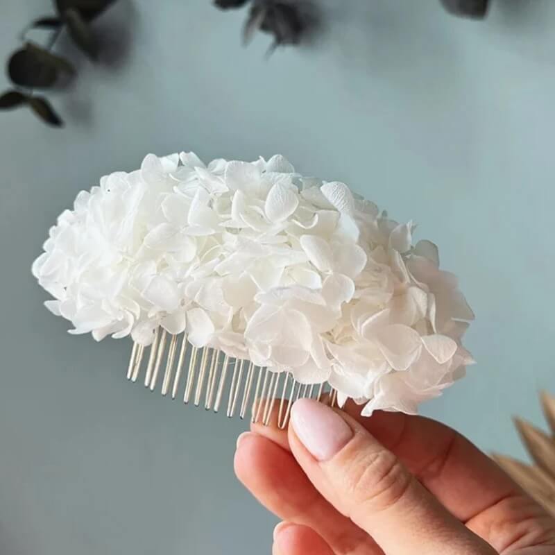 Peigne en Fleurs Blanches Hortensias Stabilisés Blanc Maison Gaya Peigne en fleurs séchées